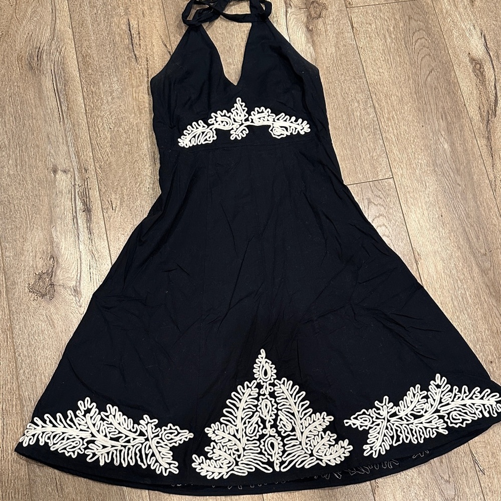 Tommy Bahama Black Halter Backless Dress with White Embroidery